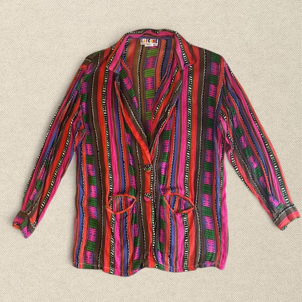 Vtg 80s Colorful Blazer Striped Patterned Button Up Lightweight Rayon La Femme